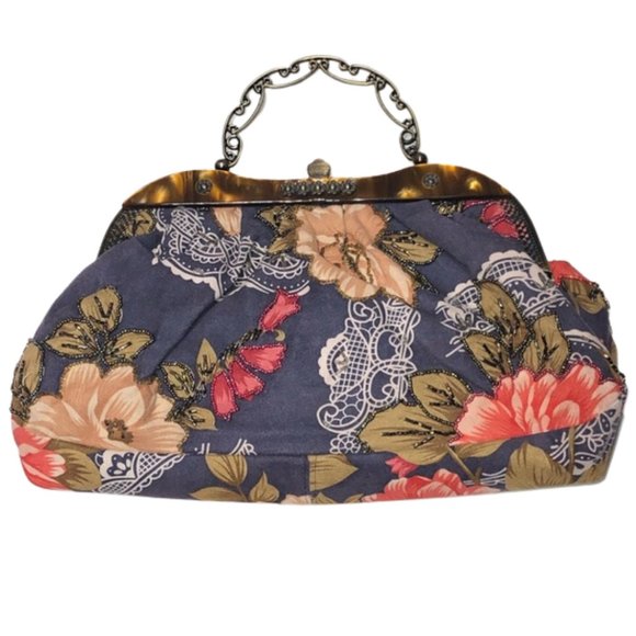 Vintage Floral Bag with Beaded Accents and Decorative Metal Handle and Clasp - Picture 2 of 13